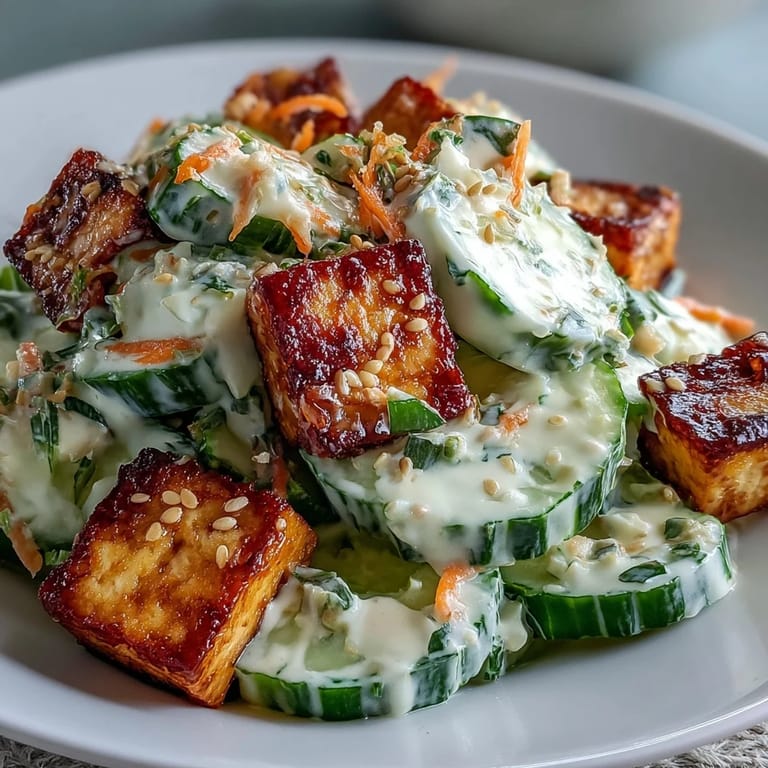 Cool, thinly sliced cucumbers and carrots meet golden pan-fried tofu, all coated in a rich, creamy Asian dressing.