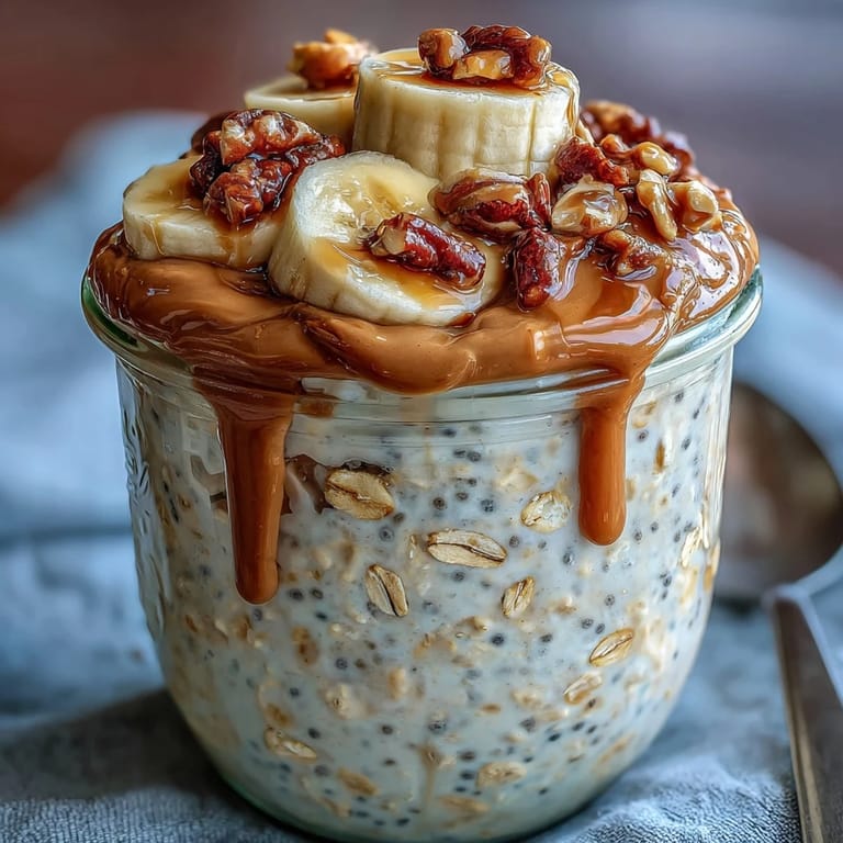 A close-up of High-Protein Peanut Butter Overnight Oats with a drizzle of honey and a spoon.