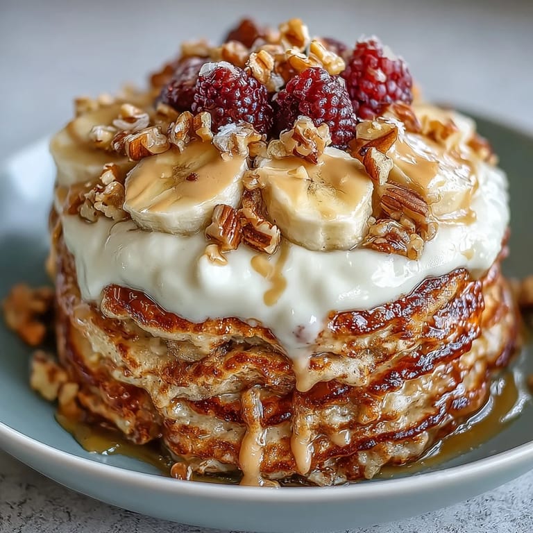 Satisfying Protein Pancake Bowl drizzled with nut butter and honey, served warm with crunchy granola.