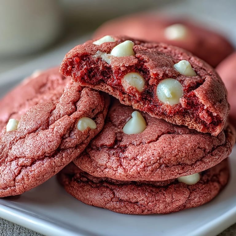 Warm Pink Velvet Cookies with gooey centers and vibrant pink hue, stacked on a white plate.