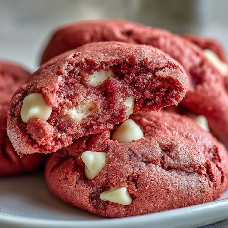Pink Velvet Cookies with cracked tops and melted white chocolate chips, served with a glass of milk.