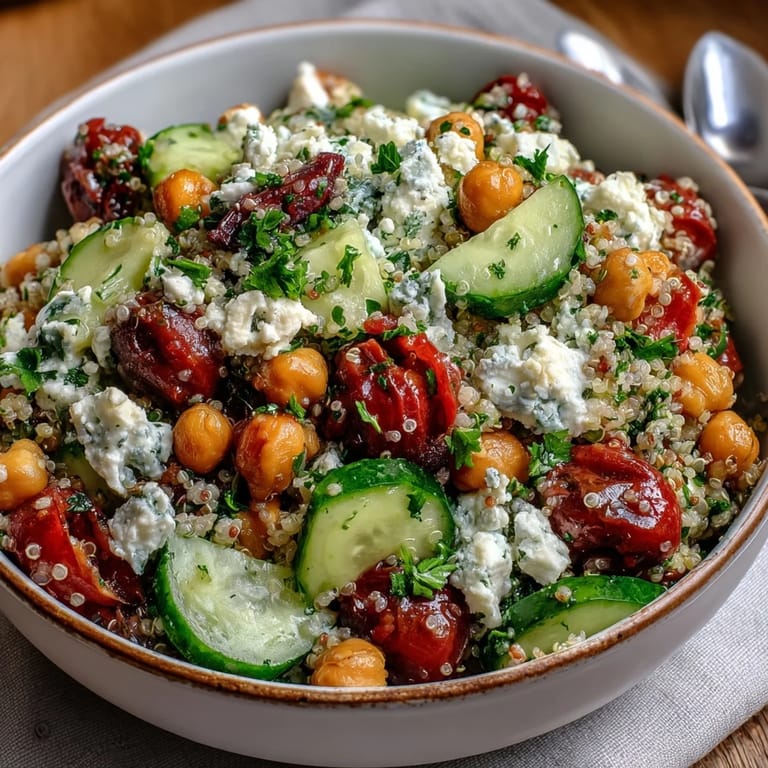 A serving of High Protein Quinoa & Chickpea Salad on a rustic table, with colorful cherry tomatoes and cucumbers mixed into a grain base, topped with creamy feta cheese.