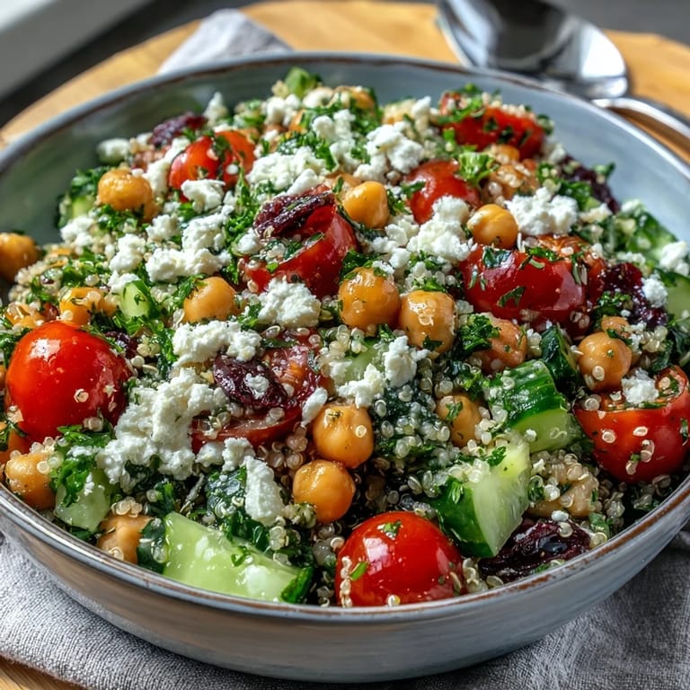Close-up on a fresh Mediterranean-inspired High Protein Quinoa & Chickpea Salad, showcasing hearty chickpeas, vibrant green herbs, and a zesty lemon-olive oil dressing, ready to serve.