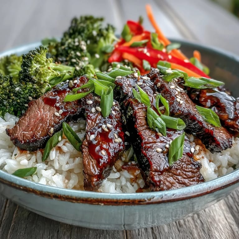 Close-up of tender beef slices glistening in homemade teriyaki sauce, served over white rice with broccoli and peppers.