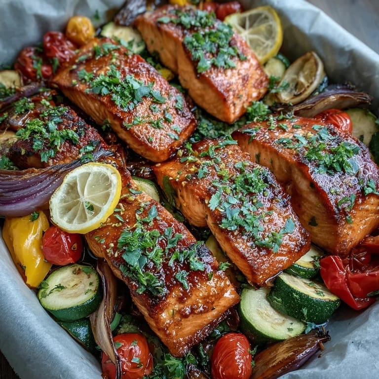 Healthy one-pan dinner of roasted salmon with carrots and red onion, served hot with fresh lemon for a bright finish.