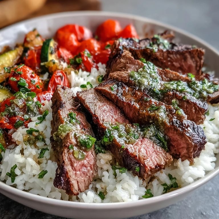 Vibrant Grilled Steak Bowl with tender meat, caramelized vegetables, and a zesty herb sauce perfect for a hearty dinner.  