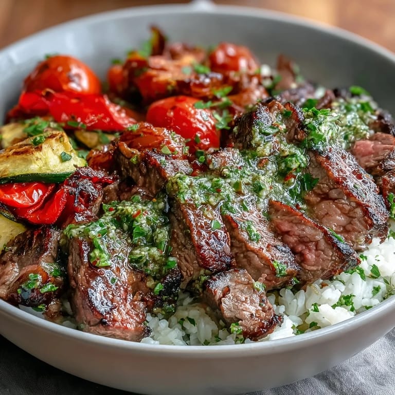 Savory Grilled Steak Bowl featuring smoky steak, soft rice, colorful roasted peppers, and a generous drizzle of chimichurri.