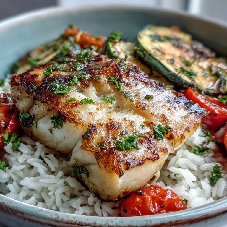 Pan-seared fish bowl features tender cod with caramelized vegetables, drizzled with a bright lemon garlic sauce and fresh parsley garnish.