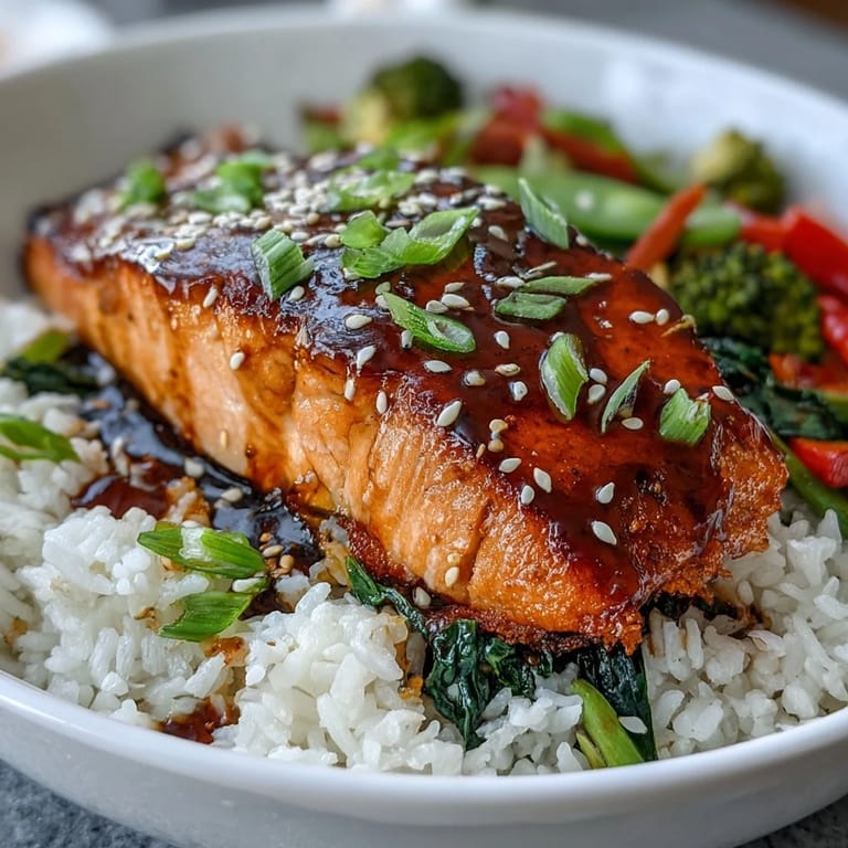 An overhead view of a delicious Teriyaki Salmon Bowl, highlighting the glossy teriyaki sauce drizzled over salmon, rice, and vibrant veggies.