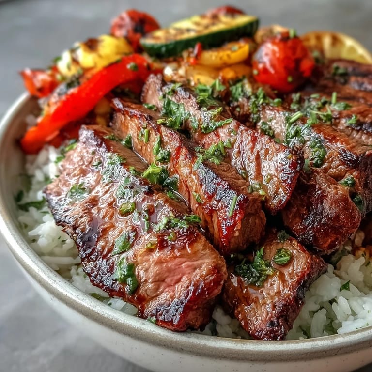 A single sheet pan holds tender steak, zucchini, and tomatoes, paired with lemon wedges and fresh herbs for a vibrant Sheet Pan Steak and Veggie Bowl.