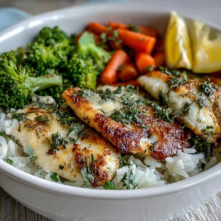 Four baked tilapia bowls sit on a wooden table, each flanked by bright green broccoli and orange carrot slices.