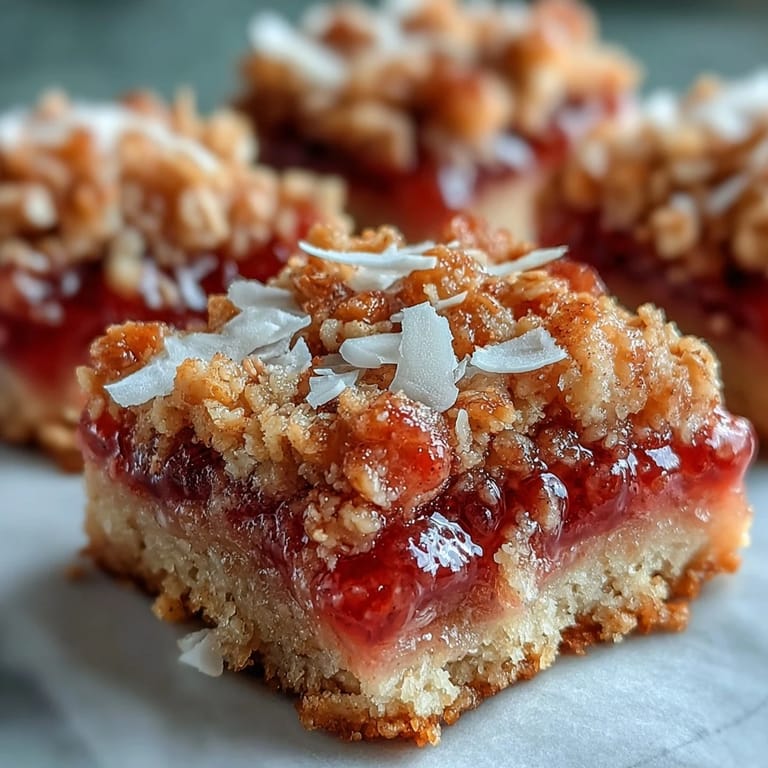 Sliced Guava Jam Bars show vibrant pink guava filling and golden coconut macadamia oat crumble topping.