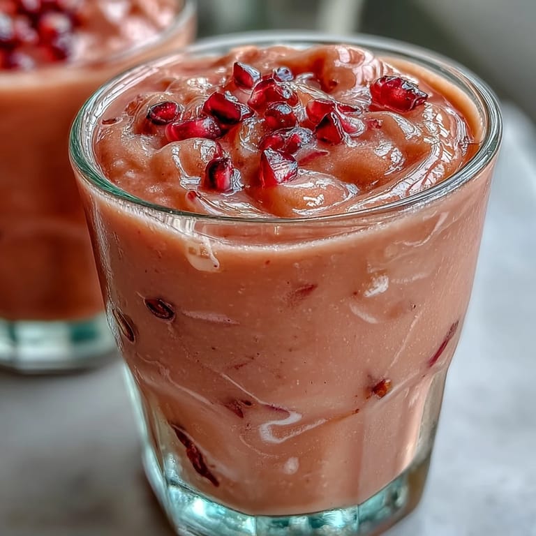 Refreshing guava juice smoothie with tropical frozen fruit and Greek yogurt poured into a clear glass with a straw.