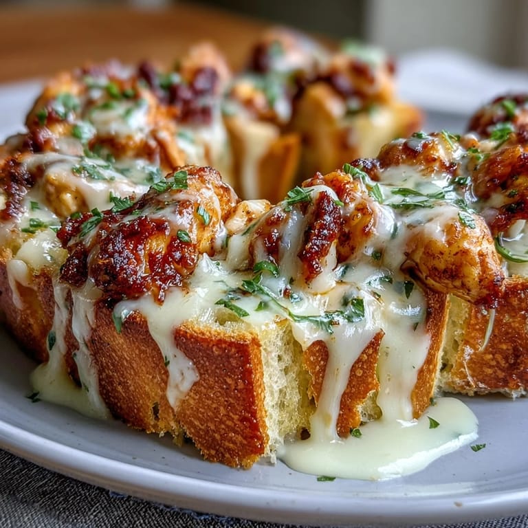 Warm, cheesy Chicken Alfredo Garlic Bread on a platter, perfect for sharing with extra Alfredo sauce for dipping.