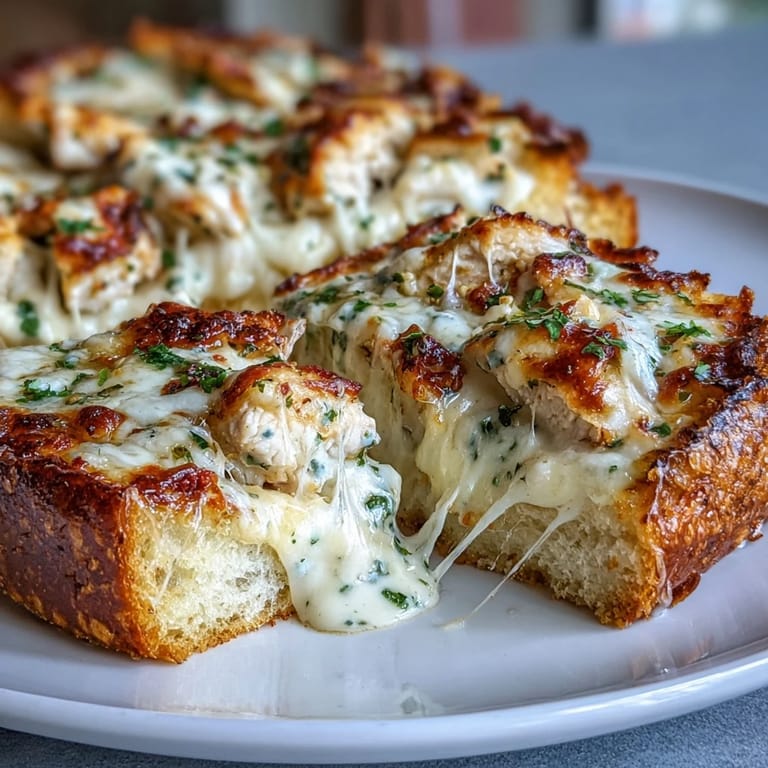 Chicken Alfredo Garlic Bread served hot from the oven, garnished with fresh parsley and ready to slice.