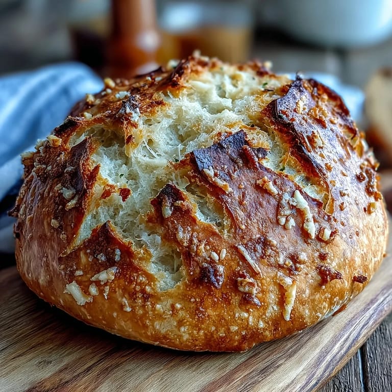 Freshly baked Perfect Parmesan Garlic Artisan Bread on a wooden board, garnished with rosemary and garlic.