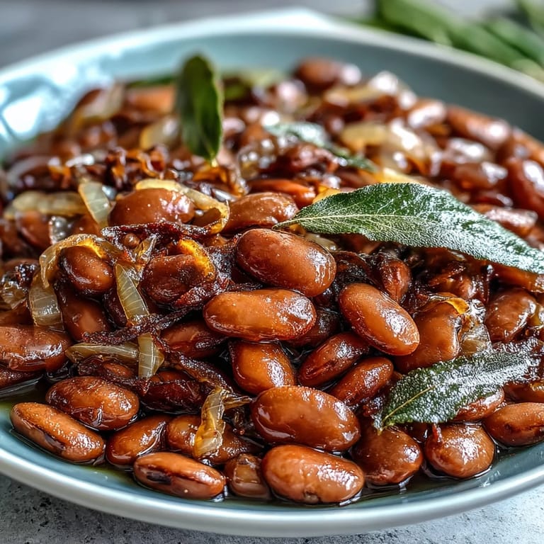 Hearty pinto beans cooked with olive oil and aromatics in a Dutch oven with steam.