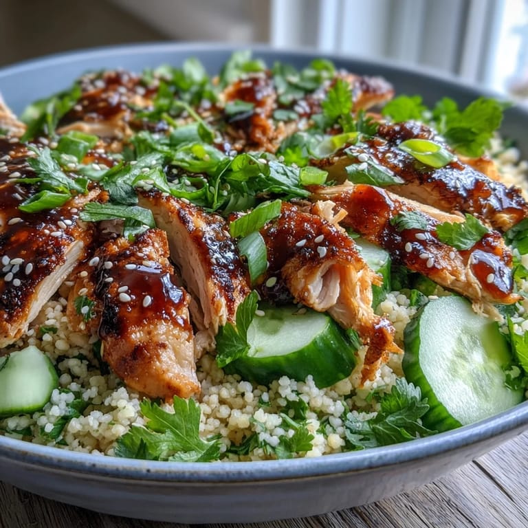 Garnished with fresh cilantro and scallions, this chilled Asian Sesame Chicken Couscous Salad makes a perfect, protein-packed lunch or light dinner.