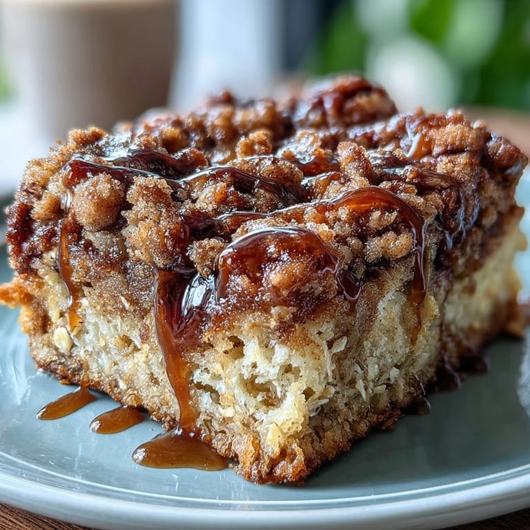 A warm slice of High-Protein Cinnamon Swirl Coffee Cake Oats reveals a marbled cinnamon ribbon, ready to be enjoyed with a cup of coffee.