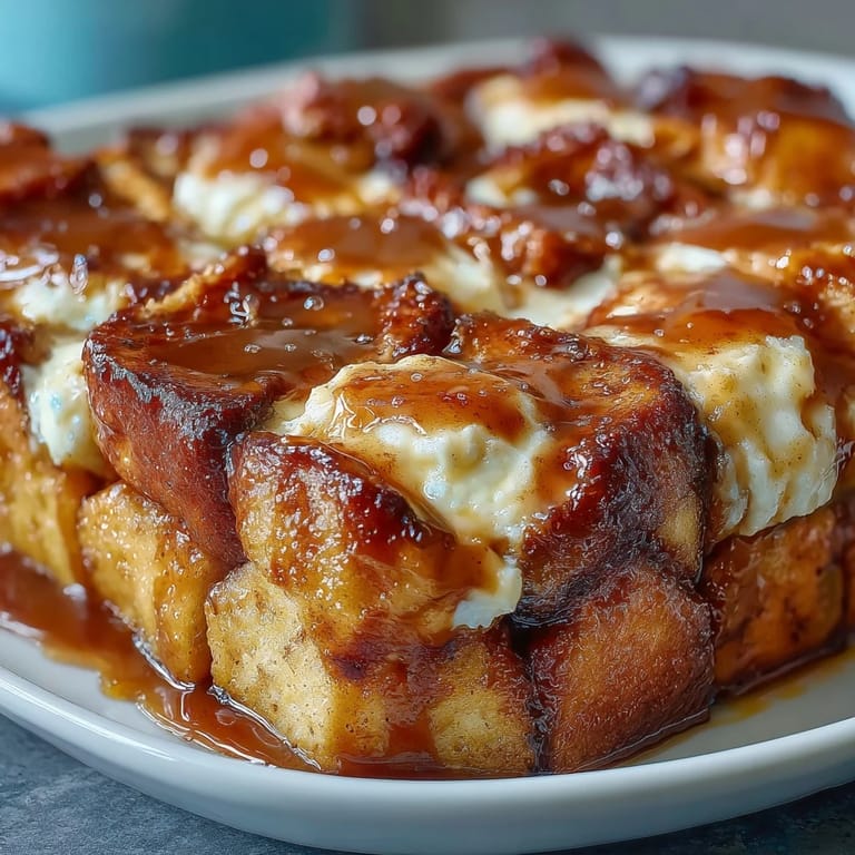 Gooey Caramel Cream Cheese French Toast Casserole revealing layers of brioche, cream cheese, and caramel sauce.