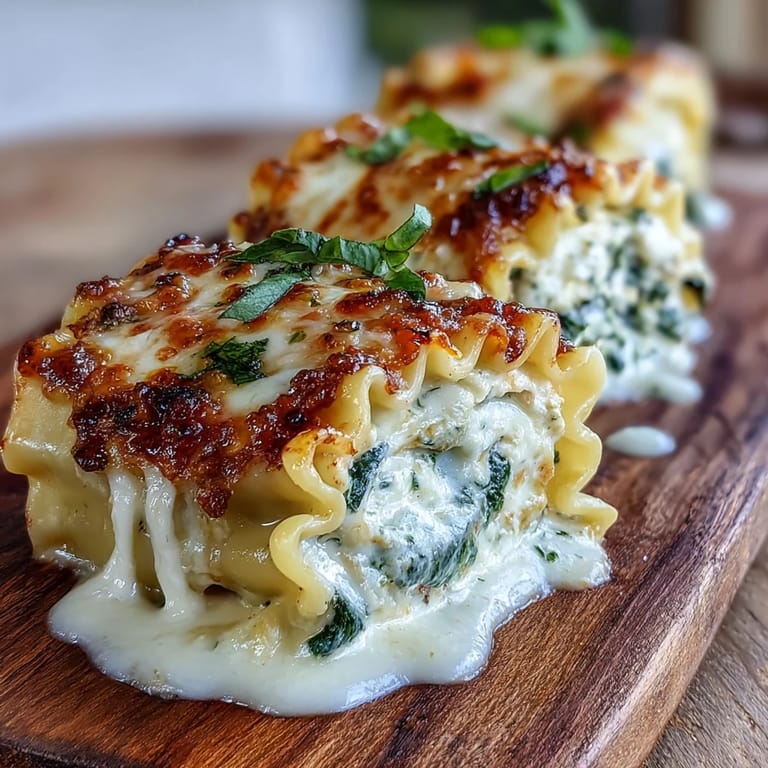 Cheesy Garlic Butter Lasagna Roll-Ups presented in a white baking dish, featuring golden bubbly tops and a side of crusty bread.