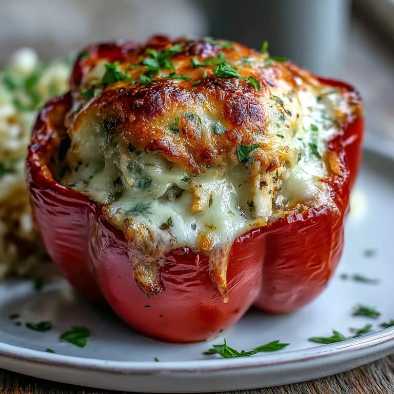 A close-up of a bubbling, cheesy Garlic Parmesan Chicken Stuffed Pepper on a rustic plate.