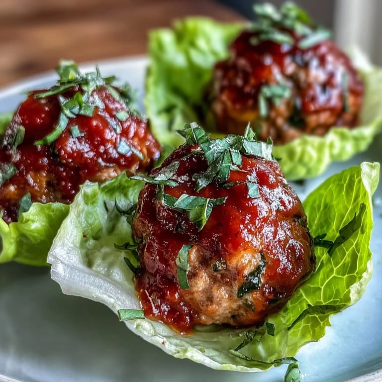 Juicy turkey meatballs with marinara sauce fill green lettuce leaves, creating a fresh, gluten-free alternative to classic meatball subs.