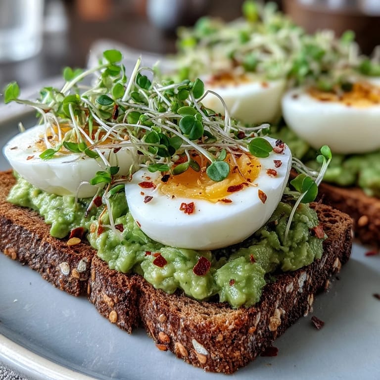 Two slices of warm whole grain toast topped with a halved egg and fresh microgreens.