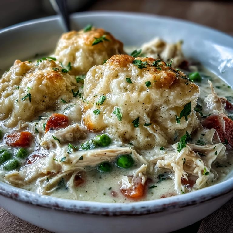 A spoon lifts a serving of Slow Cooker Ranch Chicken & Dumplings, revealing tender shredded chicken in rich broth.