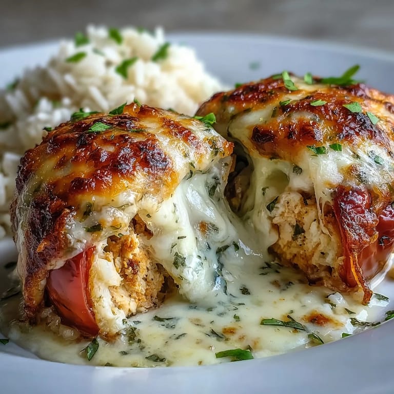 A close-up shows the savory Garlic Parmesan Chicken Stuffed Peppers served hot beside a fresh salad.