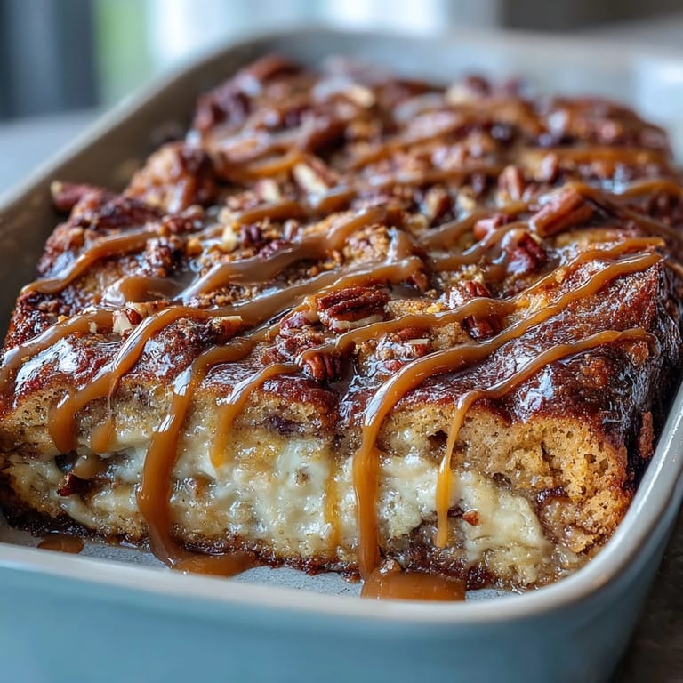 Rich bread pudding layered with guava paste, drizzled in caramel, and sprinkled with toasted pecans for a luscious treat.
