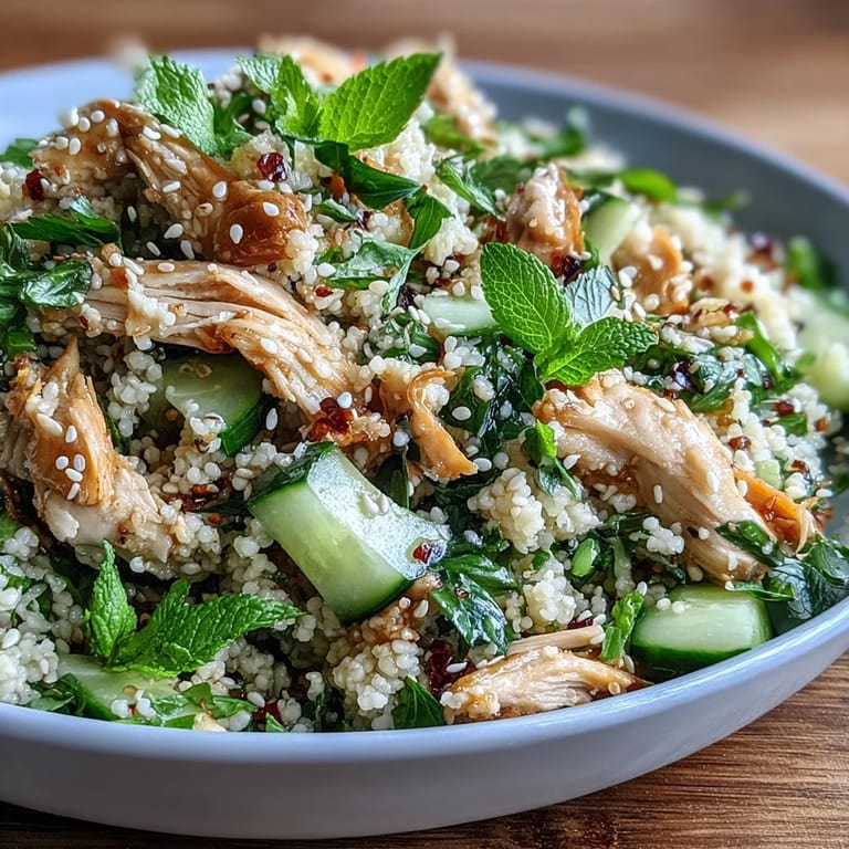 Colorful Asian sesame chicken couscous salad featuring juicy rotisserie chicken, crunchy cucumber, shredded carrots, and fragrant herbs tossed in a bold sesame-soy dressing.
