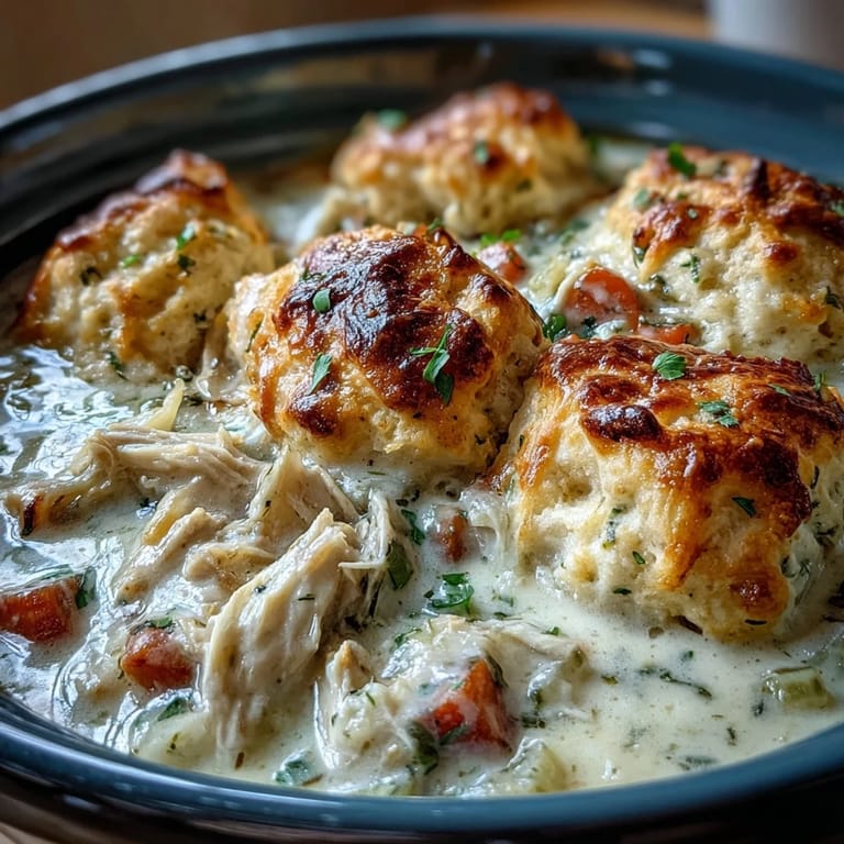 Slow cooker ranch chicken topped with golden drop biscuits for a comforting family dinner.