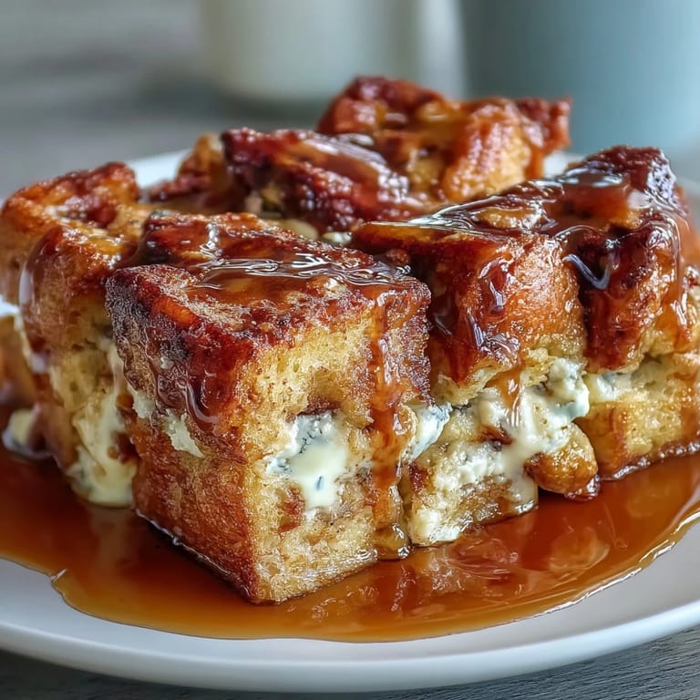 Overnight Caramel Cream Cheese French Toast Casserole baked until golden, featuring soft bread, sweetened cream cheese, and warm caramel sauce.