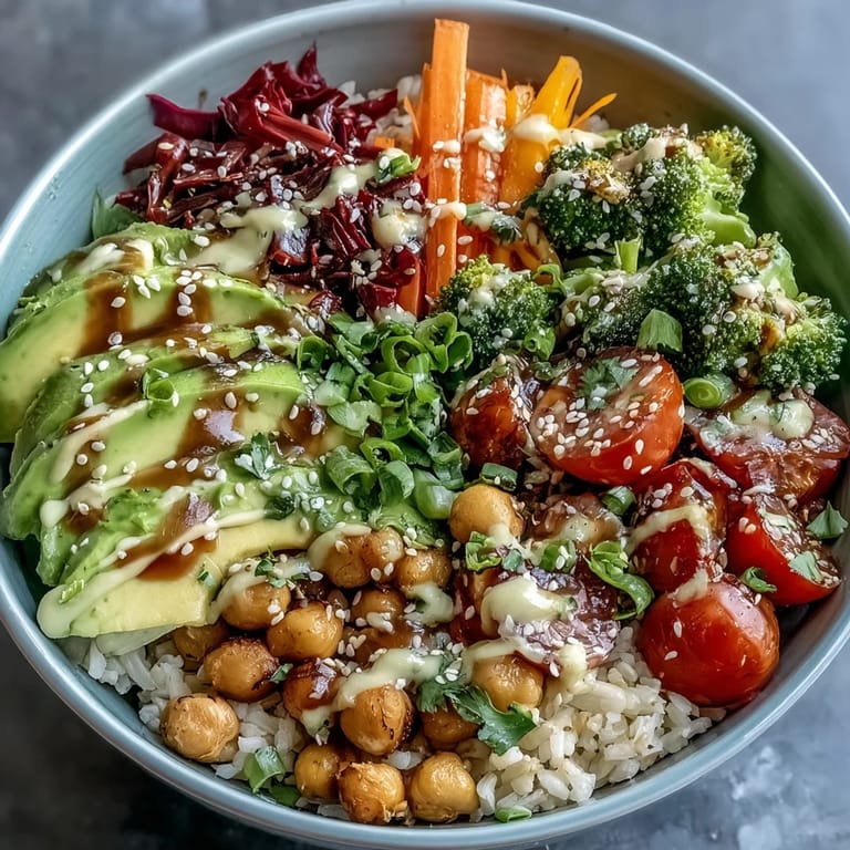 Vibrant Buddha Bowl featuring roasted vegetables, avocado, and sesame ginger dressing, served in a deep bowl for a nourishing plant-based lunch.  