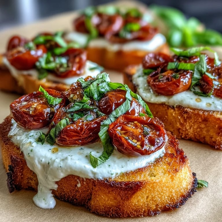Golden toasted baguette slices layered with luscious burrata cheese and sweet roasted cherry tomatoes, finished with aromatic basil for a fresh, vibrant bite.