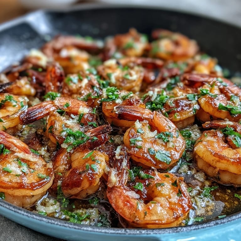 Plump prawns cooked in fragrant garlic butter, garnished with parsley and served with lemon wedges for a zesty finish.