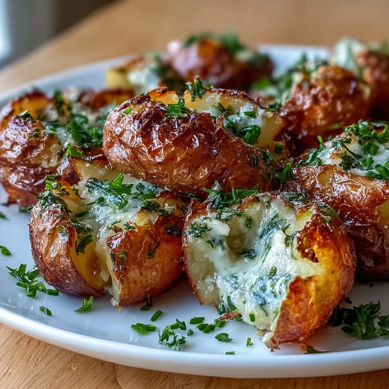 Creamy Yukon Gold potatoes smashed and baked with garlic butter, parsley, and thyme.  
