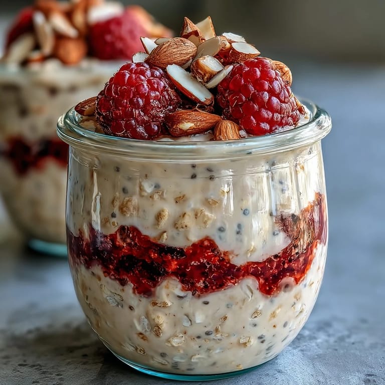 Healthy raspberry chia overnight oats, perfect for a quick and satisfying morning meal.