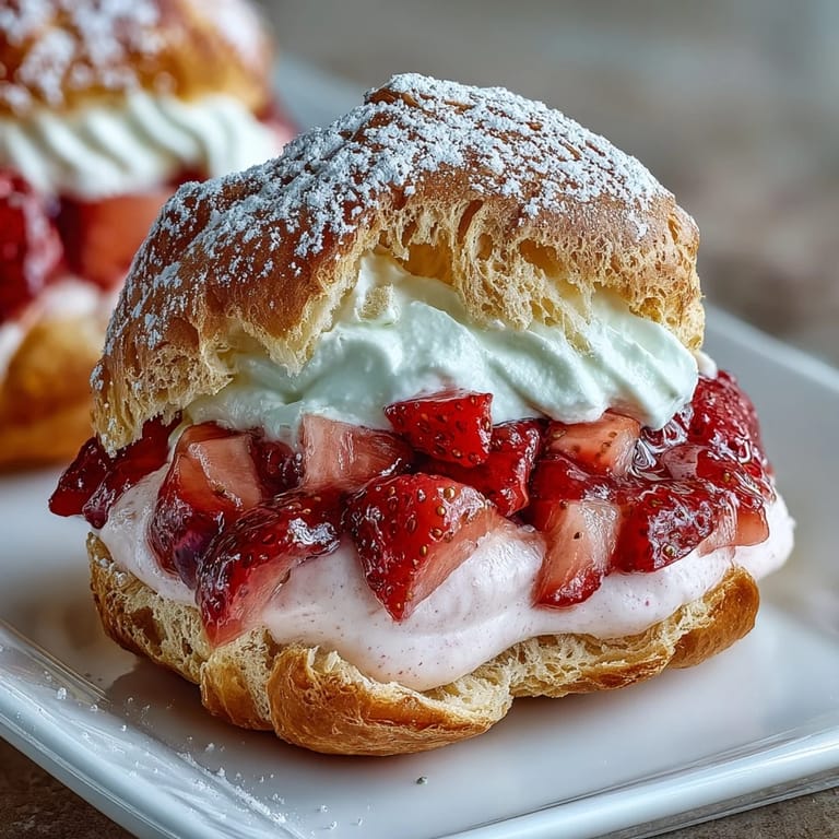 Delicate cream puffs topped with a snowy dusting of powdered sugar and garnished with sliced strawberries for a festive touch.