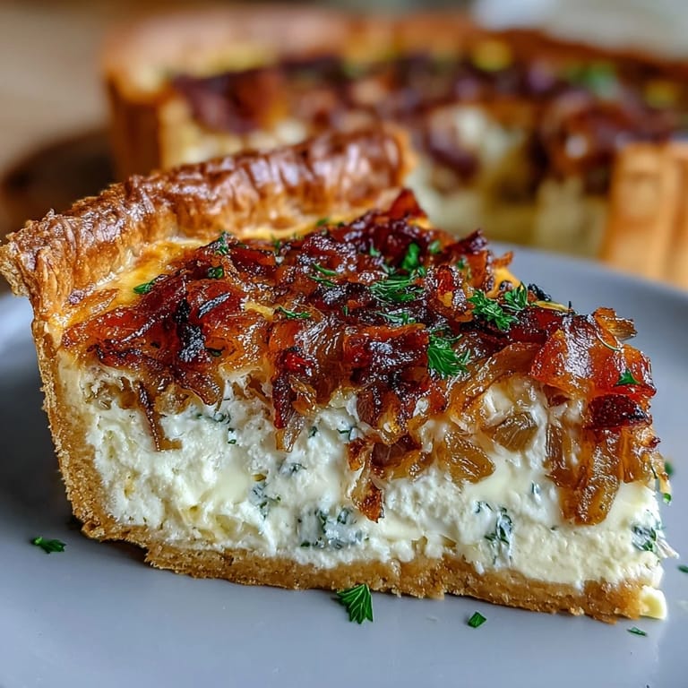 Flaky tart filled with rich custard, Gruyère cheese, crispy bacon, and deeply caramelized onions, baked until golden.