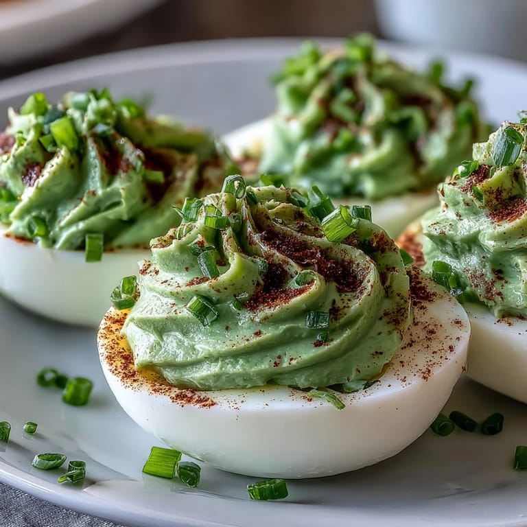 Creamy avocado and egg yolk blend piped into halved whites, topped with paprika for a vibrant party snack.  