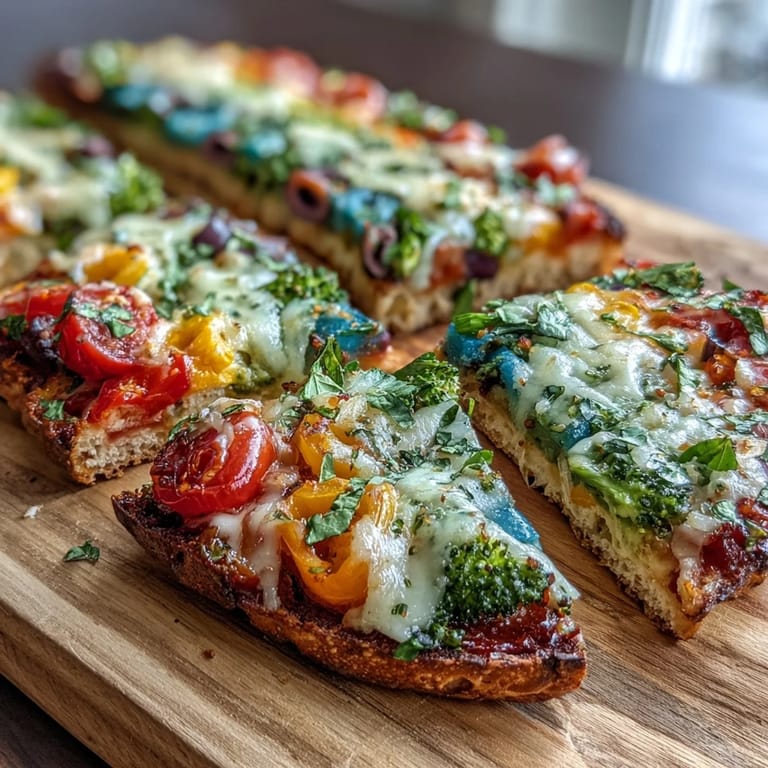 Festive and healthy St. Patricks Day Rainbow Veggie Flatbread Pizza topped with mozzarella, hummus, and a spectrum of crisp vegetables.  