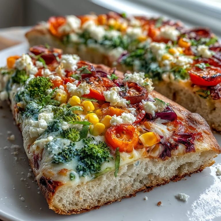 Delicious St. Patricks Day Rainbow Veggie Flatbread Pizza featuring a medley of fresh veggies, melted cheese, and a golden olive pot of gold.