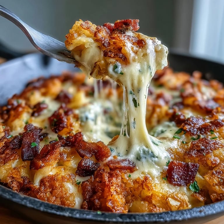 Hearty funeral potatoes and ham breakfast skillet featuring creamy cheese sauce, sautéed peppers, and golden hash browns, baked until bubbly and golden brown.