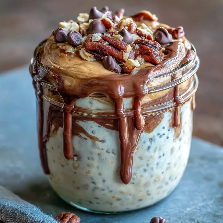 Creamy peanut butter cup overnight oats in a jar, featuring a chocolate drizzle, peanut butter layer, and crunchy roasted peanuts for texture.