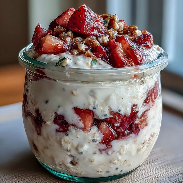 Layered strawberry vanilla protein oats with chia, Greek yogurt, and juicy strawberries in a glass jar for a healthy, protein-rich start to the day.