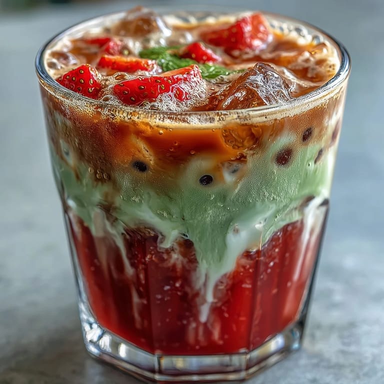 Refreshing dairy-free strawberry matcha latte with layered coconut milk, perfect for a hot summer day.