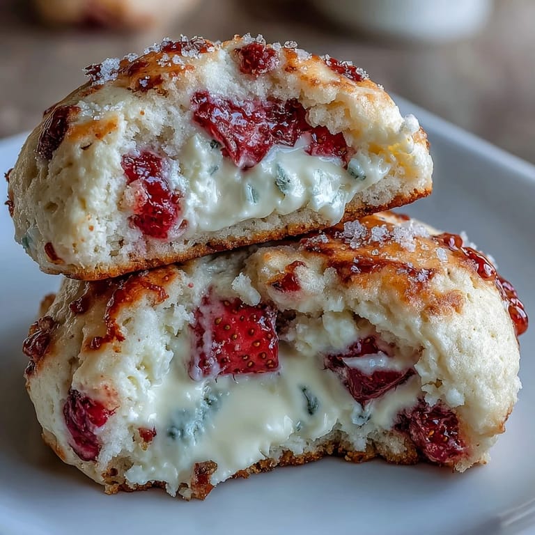 A tray of tender cottage cheese strawberry shortcake cookies, lightly dusted with sugar and packed with juicy strawberries.  