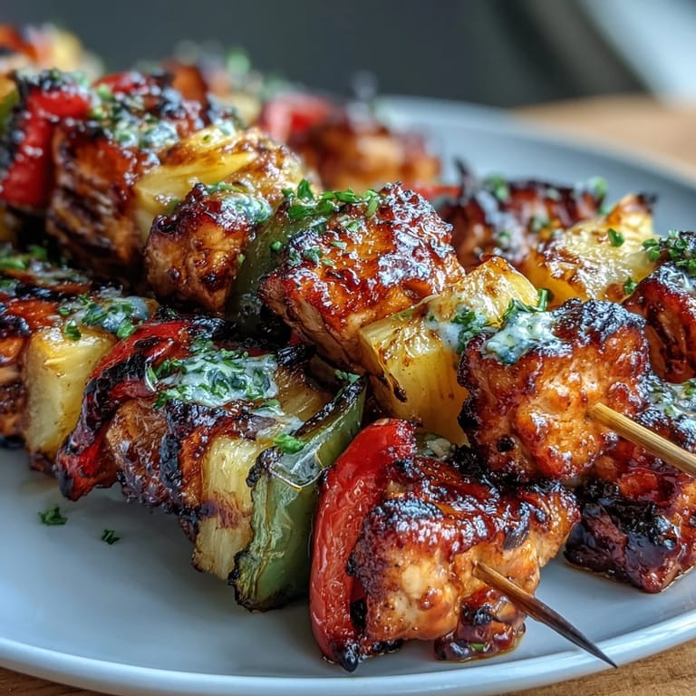 Colorful grilled chicken pineapple kabobs with sweet bell peppers and onions, perfect for summer cookouts.